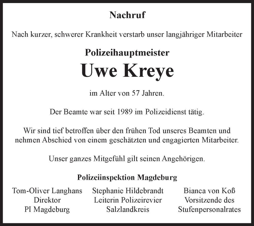  Traueranzeige für Uwe Kreye vom 25.10.2025 aus Volksstimme Staßfurt