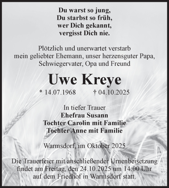 Traueranzeige von Uwe Kreye 