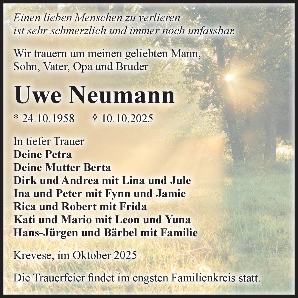  Traueranzeige für Uwe Neumann vom 18.10.2025 aus Volksstimme Altmark Ost