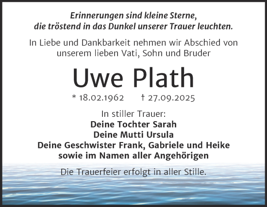 Traueranzeige von Uwe Plath von Trauerkombi Wittenberg