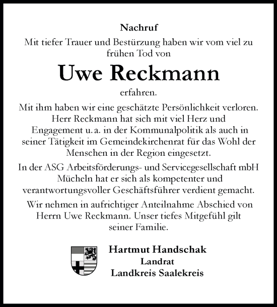 Traueranzeige von Uwe Reckmann von Mitteldeutsche Zeitung Merseburg/Querfurt