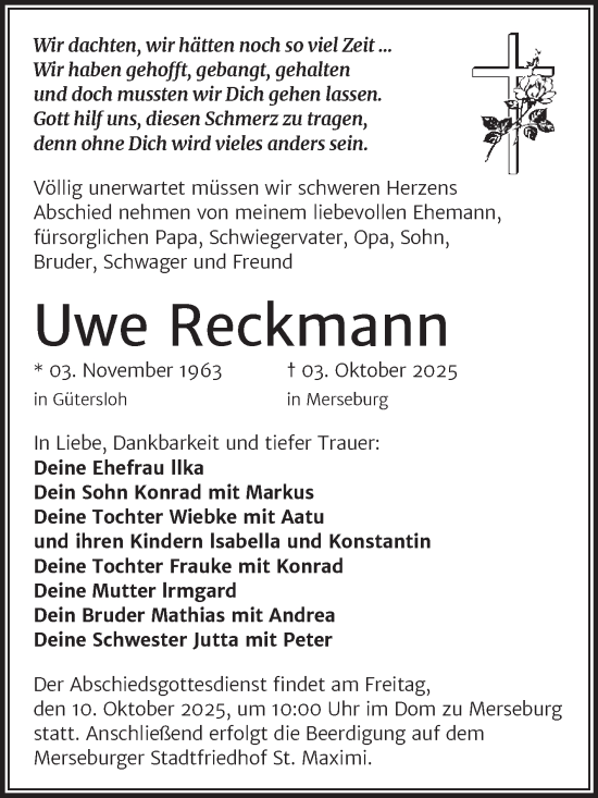 Traueranzeige von Uwe Reckmann von Trauerkombi Merseburg