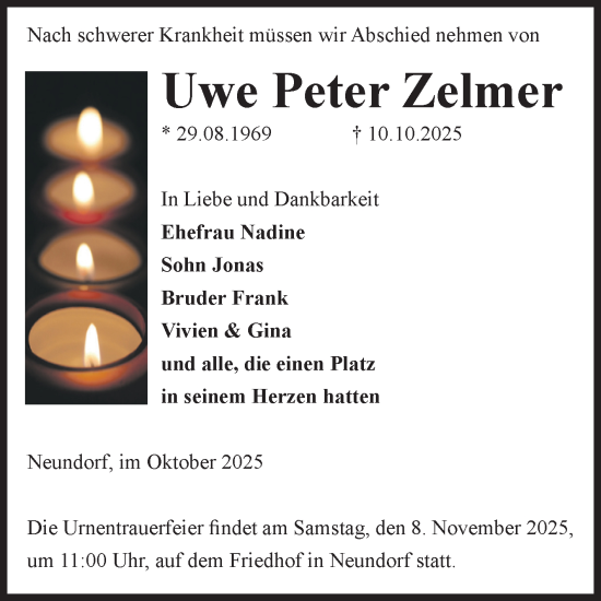 Traueranzeige von Uwe Peter Zelmer 