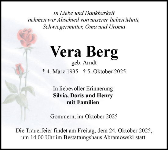Traueranzeige von Vera Berg von Volksstimme Burg/Genthin