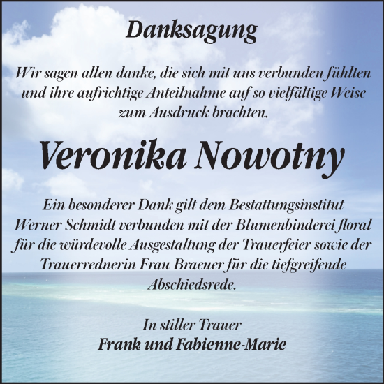 Traueranzeige von Veronika Nowotny von Trauerkombi Quedlinburg