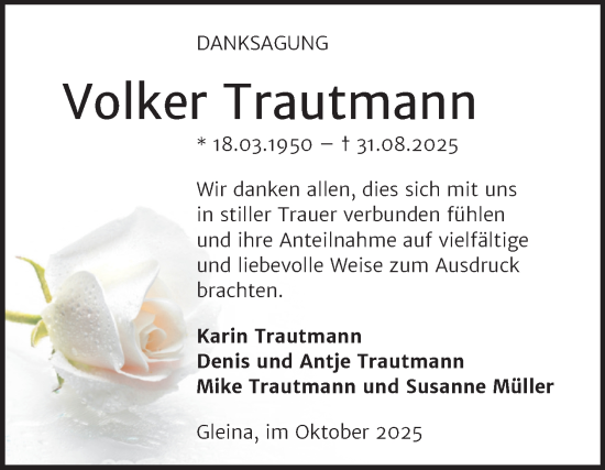 Traueranzeige von Volker Trautmann von Super Sonntag Naumburg/Nebra