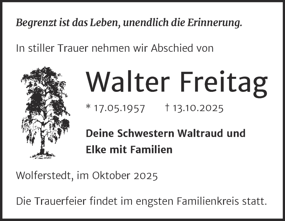  Traueranzeige für Walter Freitag vom 25.10.2025 aus Trauerkombi Sangerhausen