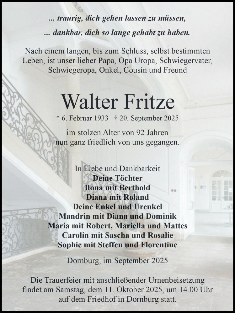  Traueranzeige für Walter Fritze vom 04.10.2025 aus Volksstimme Zerbst