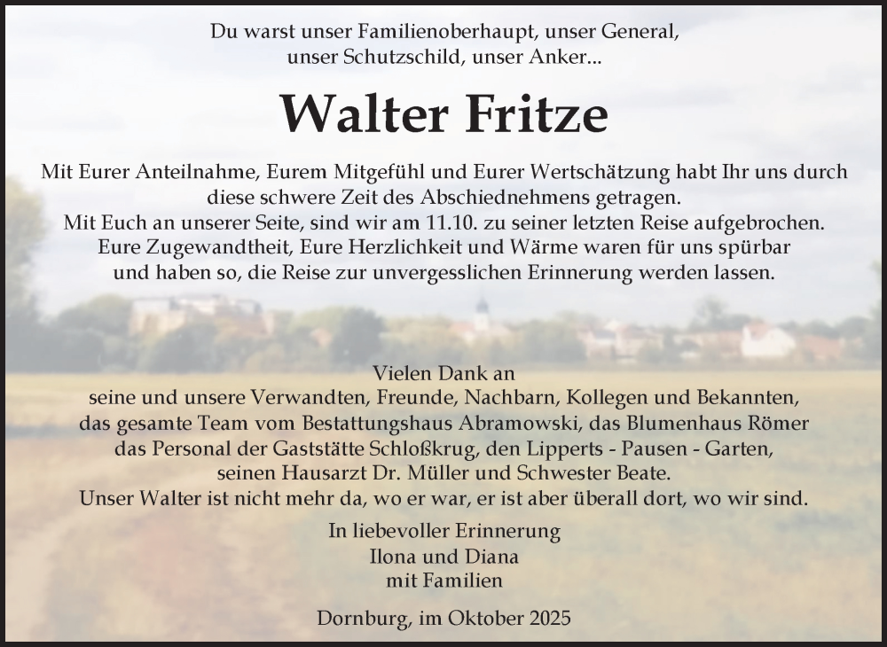  Traueranzeige für Walter Fritze vom 18.10.2025 aus Volksstimme Zerbst