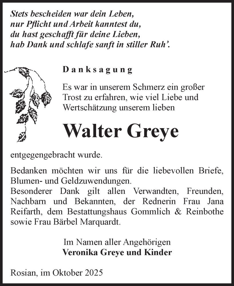 Traueranzeige für Walter Greye vom 25.10.2025 aus Volksstimme Zerbst