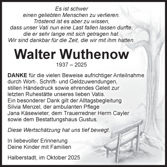 Traueranzeige von Walter Wuthenow von Volksstimme Halberstadt