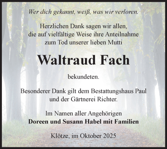 Traueranzeige von Waltraud Fach von Volksstimme Altmark West