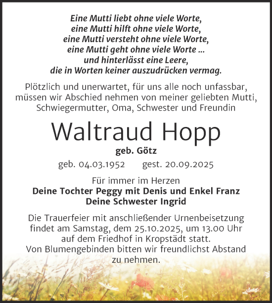 Traueranzeige von Waltraud Hopp von Trauerkombi Wittenberg