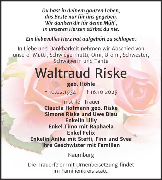 Traueranzeige von Waltraud Riske von Super Sonntag Naumburg/Nebra