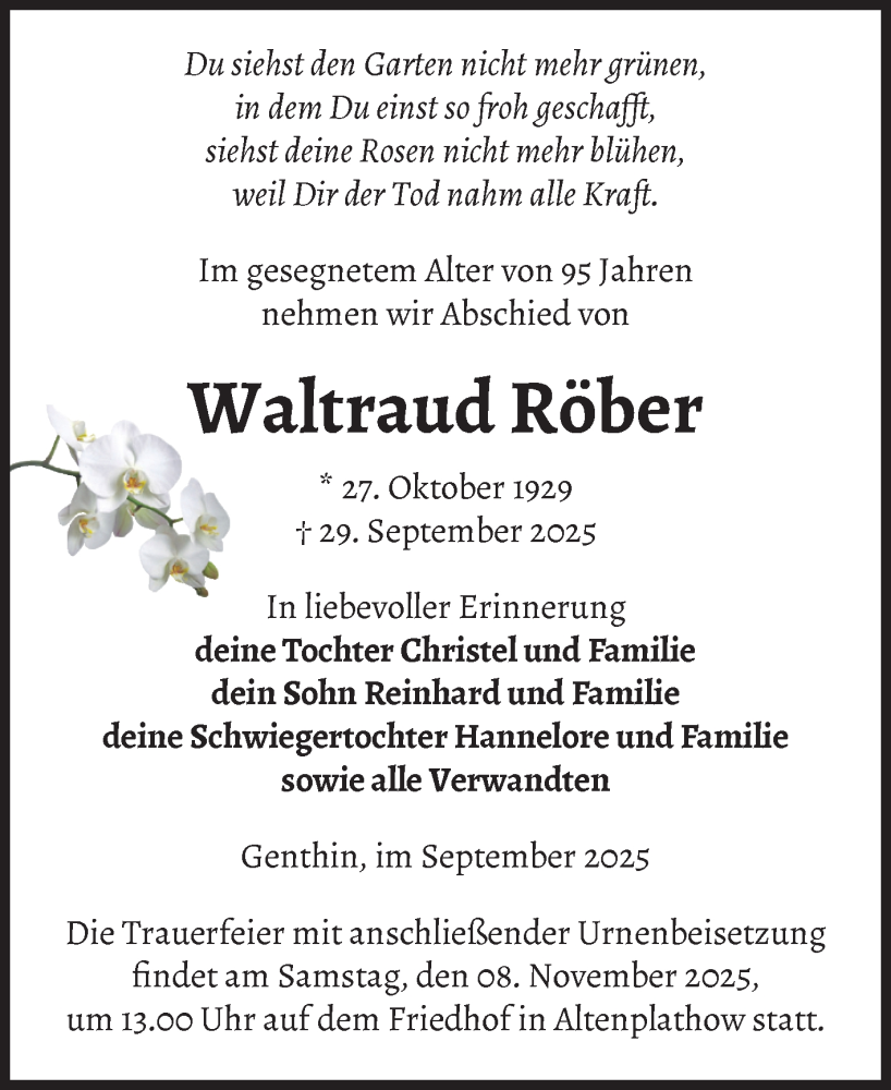  Traueranzeige für Waltraud Röber vom 11.10.2025 aus Volksstimme Burg/Genthin
