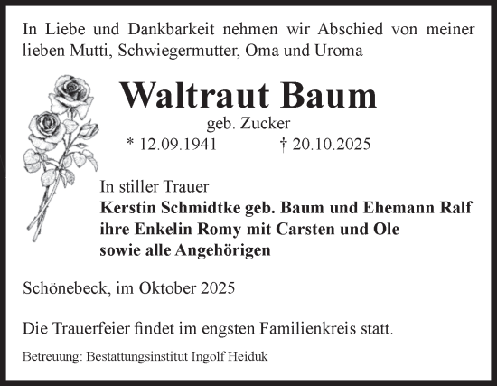 Traueranzeige von Waltraut Baum von Volksstimme Schönebeck