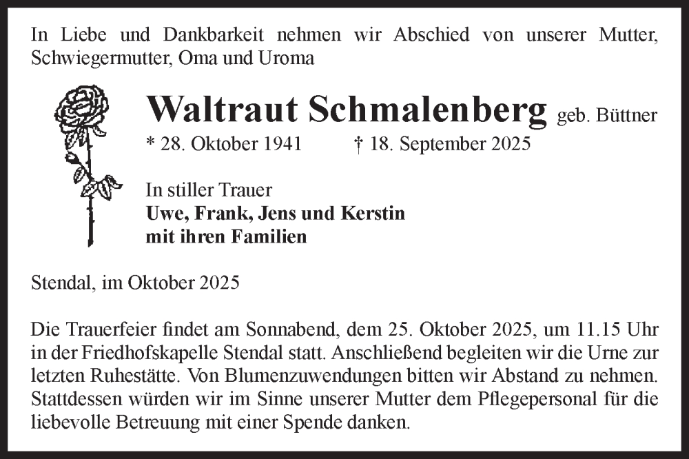  Traueranzeige für Waltraut Schmalenberg vom 18.10.2025 aus Volksstimme Altmark Ost