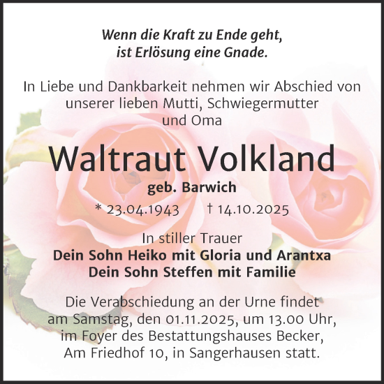 Traueranzeige von Waltraut Volkland von Trauerkombi Sangerhausen