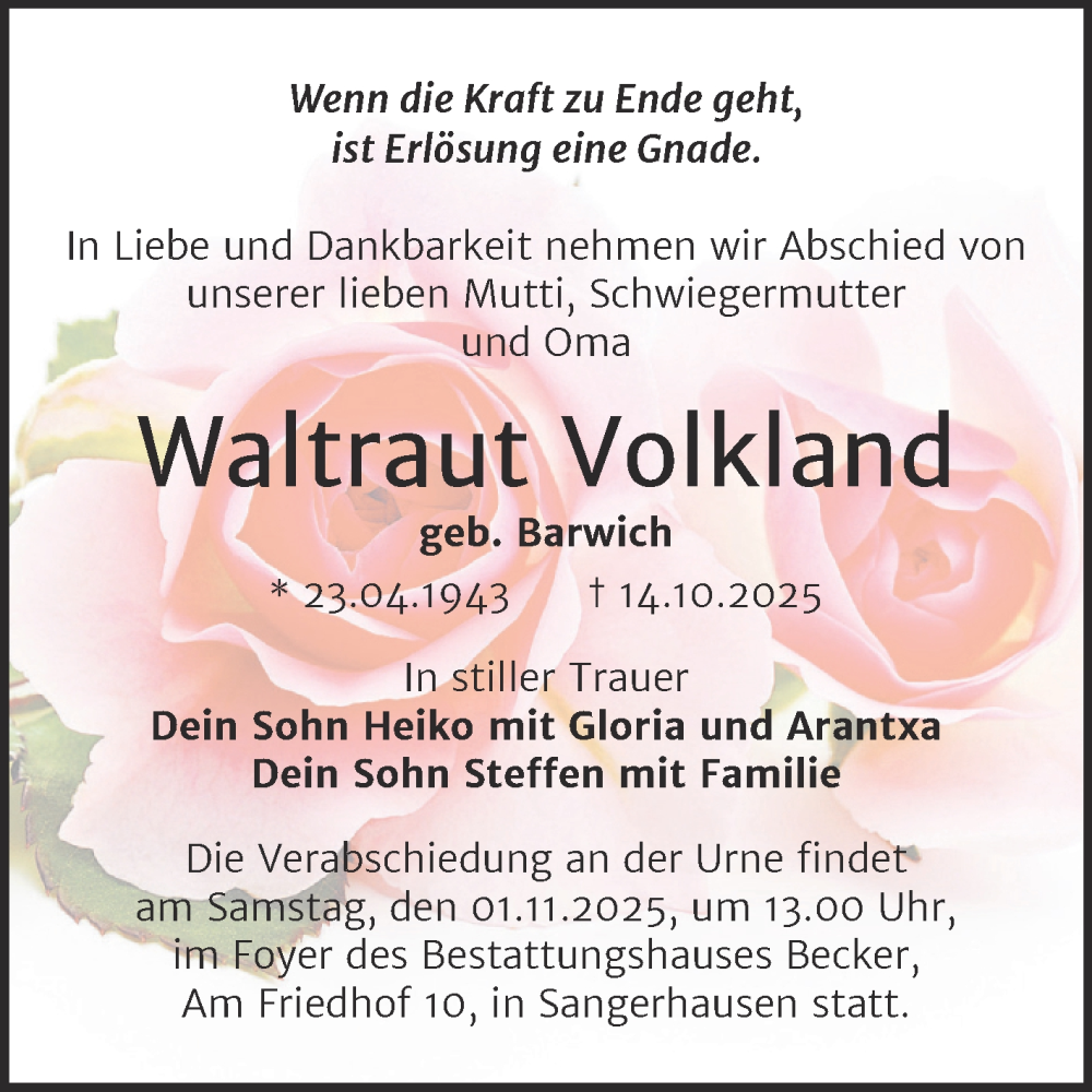  Traueranzeige für Waltraut Volkland vom 25.10.2025 aus Trauerkombi Sangerhausen