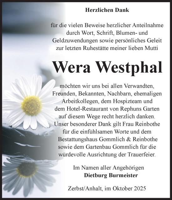 Traueranzeige von Wera Westphal von Volksstimme Zerbst