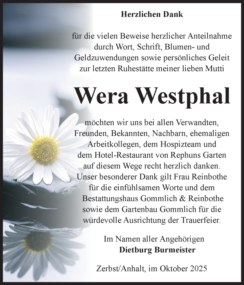  Traueranzeige für Wera Westphal vom 18.10.2025 aus Volksstimme Zerbst
