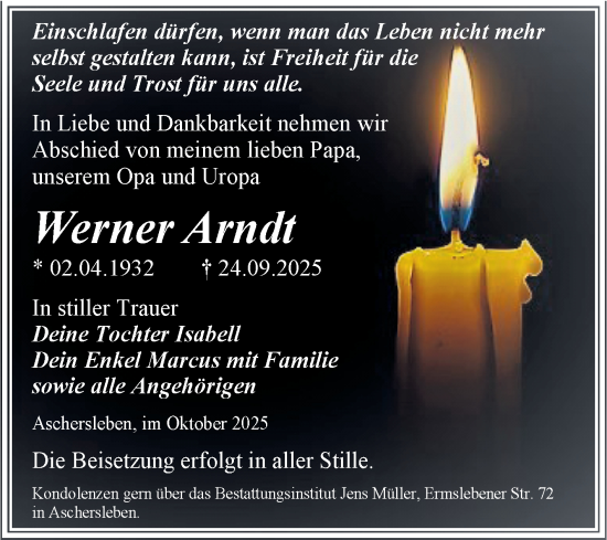 Traueranzeige von Werner Arndt von Trauerkombi Aschersleben