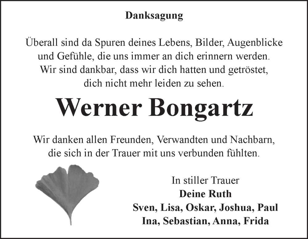  Traueranzeige für Werner Bongartz vom 11.10.2025 aus Volksstimme Altmark Ost