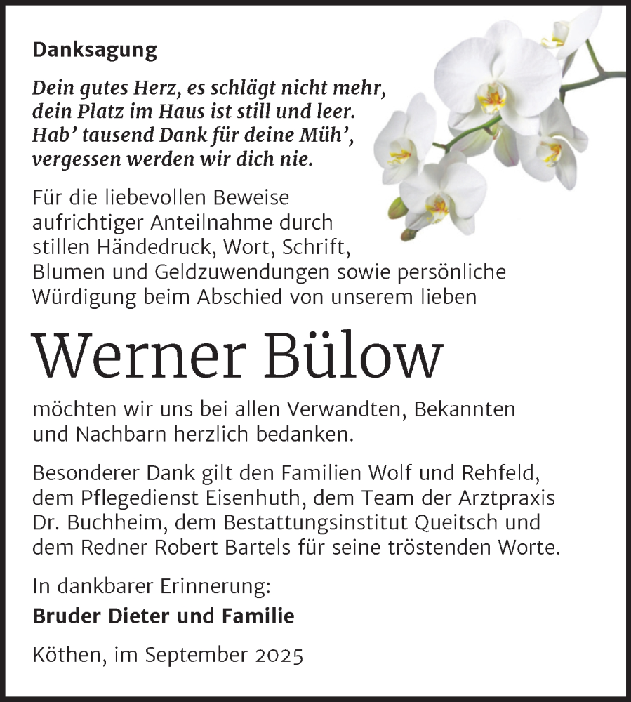  Traueranzeige für Werner Bülow vom 04.10.2025 aus Trauerkombi Köthen