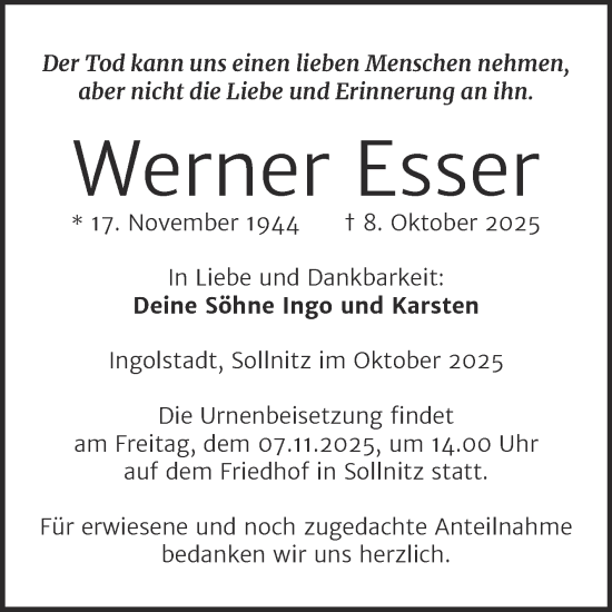 Traueranzeige von Werner Esser von Trauerkombi Dessau
