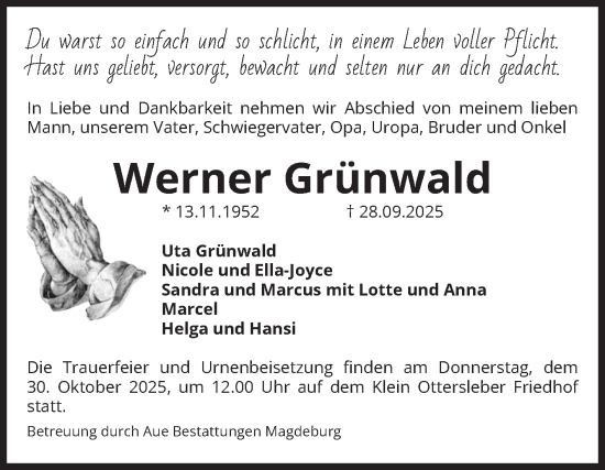 Traueranzeige von Werner Grünwald von Volksstimme Magdeburg