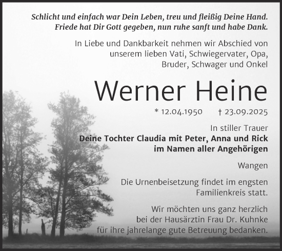 Traueranzeige von Werner Heine von Super Sonntag Naumburg/Nebra