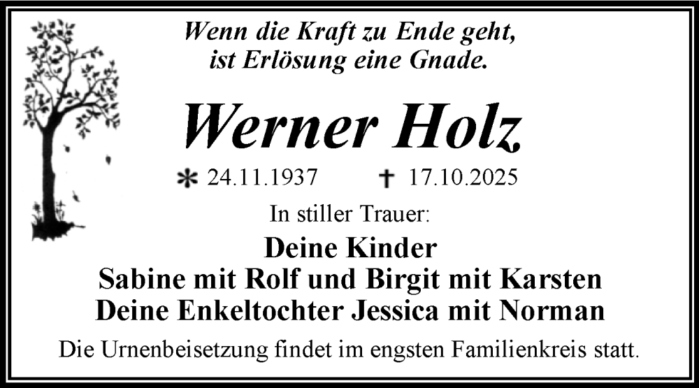  Traueranzeige für Werner Holz vom 25.10.2025 aus Trauerkombi Dessau