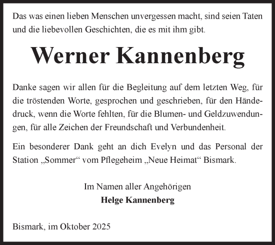 Traueranzeige von Werner Kannenberg von Volksstimme Altmark Ost