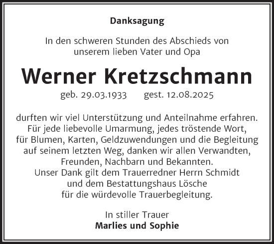 Traueranzeige von Werner Kretzschmann von Trauerkombi Wittenberg