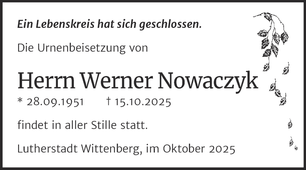  Traueranzeige für Werner Nowaczyk vom 25.10.2025 aus Trauerkombi Wittenberg