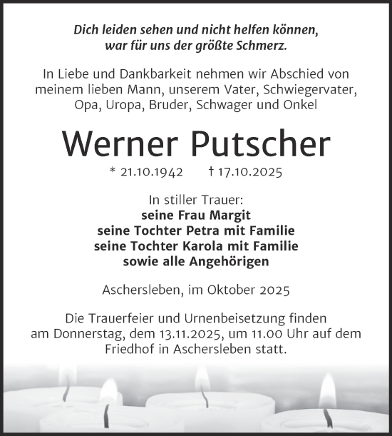 Traueranzeige von Werner Putscher von Trauerkombi Aschersleben
