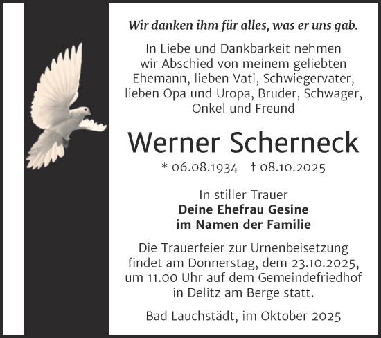 Traueranzeige von Werner Scherneck von Trauerkombi Merseburg