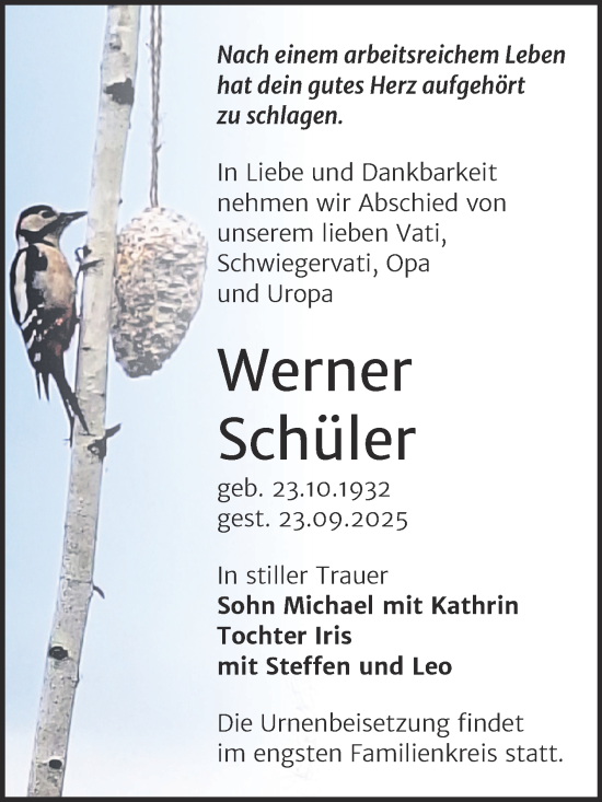 Traueranzeige von Werner Schüler von Trauerkombi Wittenberg