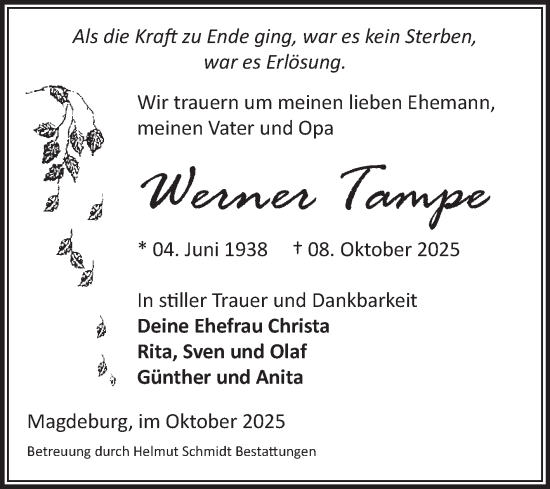 Traueranzeige von Werner Tampe von Volksstimme Magdeburg