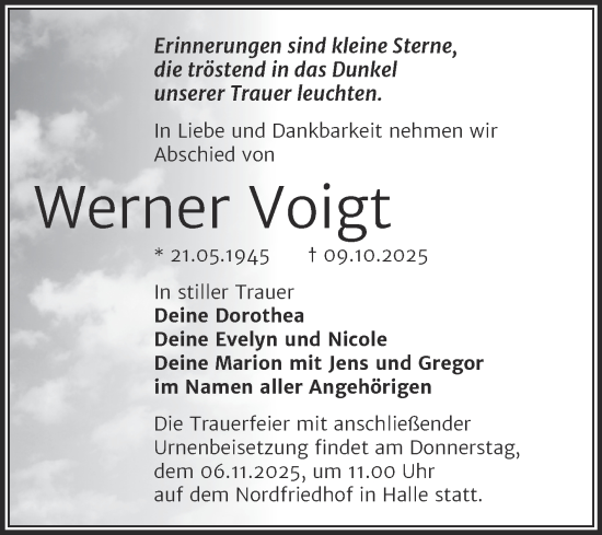 Traueranzeige von Werner Voigt von Mitteldeutsche Zeitung Halle/Saalkreis