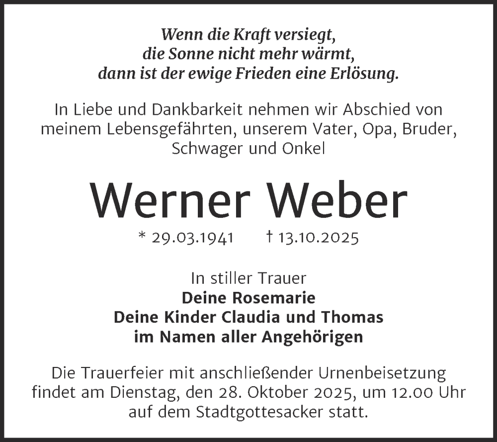  Traueranzeige für Werner Weber vom 18.10.2025 aus Mitteldeutsche Zeitung Halle/Saalkreis