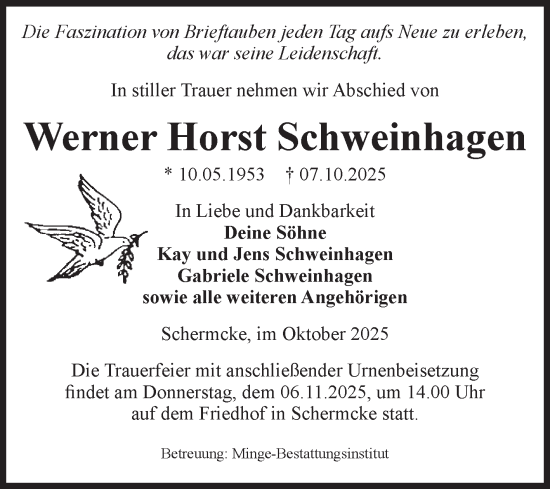 Traueranzeige von Werner Horst Schweinhagen von Volksstimme Oschersleben/Wanzleben