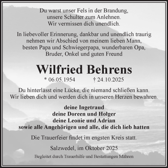 Traueranzeige von Wilfried Behrens von Volksstimme Altmark West