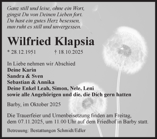 Traueranzeige von Wilfried Klapsia von Volksstimme Schönebeck