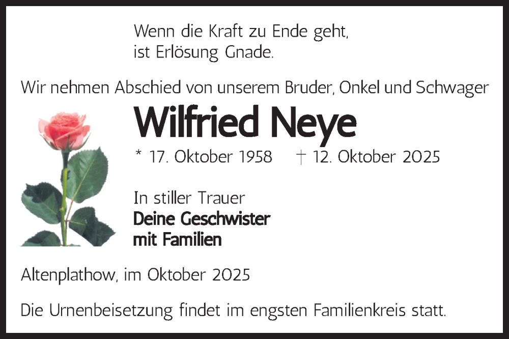  Traueranzeige für Wilfried Neye vom 25.10.2025 aus Volksstimme Burg/Genthin