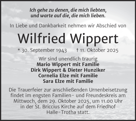 Traueranzeige von Wilfried Wippert von Mitteldeutsche Zeitung Halle/Saalkreis