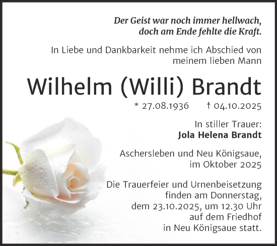 Traueranzeige von Wilhelm Brandt von Trauerkombi Aschersleben