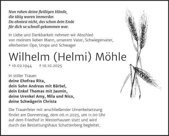 Traueranzeige von Wilhelm Möhle von Trauerkombi Quedlinburg