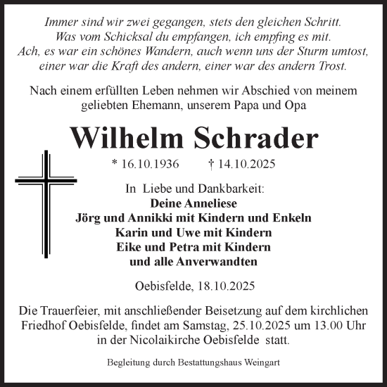 Traueranzeige von Wilhelm Schrader von Volksstimme Altmark West