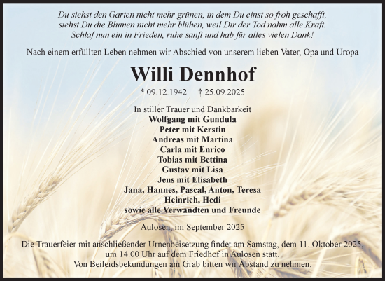 Traueranzeige von Willi Dennhof von Volksstimme Altmark Ost